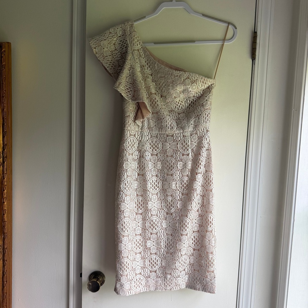Trina Turk One Shoulder Ruffle Lace Cocktail Dress White Silver Metallic Blush
